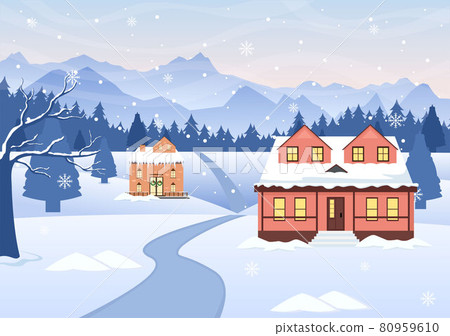 Winter Landscape With House Background, Panorama Snowfall, Town, Trees Or Mountain Silhouette. Christmas and Happy New Year Vector Illustration Winter Landscape With House Background, Panorama Snowfall, Town, Trees Or Mountain Silhouette. Christmas and Happy New Year Vector Illustration 80959610
