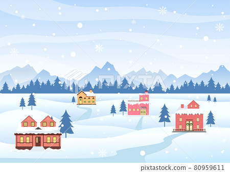 Winter Landscape With House Background, Panorama Snowfall, Town, Trees Or Mountain Silhouette. Christmas and Happy New Year Vector Illustration Winter Landscape With House Background, Panorama Snowfall, Town, Trees Or Mountain Silhouette. Christmas and Happy New Year Vector Illustration 80959611