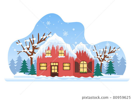 Winter Landscape With House Background, Panorama Snowfall, Town, Trees Or Mountain Silhouette. Christmas and Happy New Year Vector Illustration 80959625