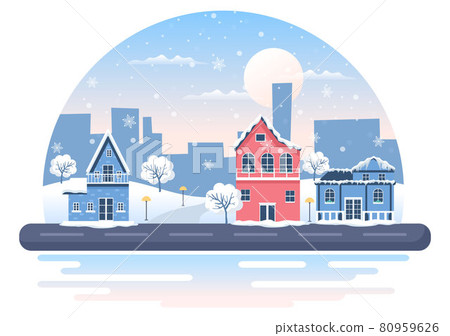 Winter Landscape With House Background, Panorama Snowfall, Town, Trees Or Mountain Silhouette. Christmas and Happy New Year Vector Illustration 80959626