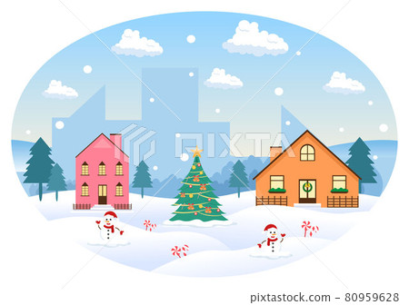 Winter Landscape With House Background, Panorama Snowfall, Town, Trees Or Mountain Silhouette. Christmas and Happy New Year Vector Illustration Winter Landscape With House Background, Panorama Snowfall, Town, Trees Or Mountain Silhouette. Christmas and Happy New Year Vector Illustration 80959628