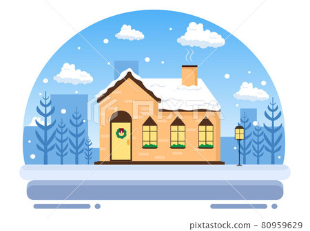 Winter Landscape With House Background, Panorama Snowfall, Town, Trees Or Mountain Silhouette. Christmas and Happy New Year Vector Illustration Winter Landscape With House Background, Panorama Snowfall, Town, Trees Or Mountain Silhouette. Christmas and Happy New Year Vector Illustration 80959629