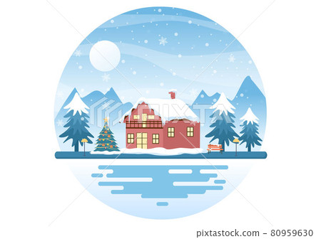 Winter Landscape With House Background, Panorama Snowfall, Town, Trees Or Mountain Silhouette. Christmas and Happy New Year Vector Illustration Winter Landscape With House Background, Panorama Snowfall, Town, Trees Or Mountain Silhouette. Christmas and Happy New Year Vector Illustration 80959630