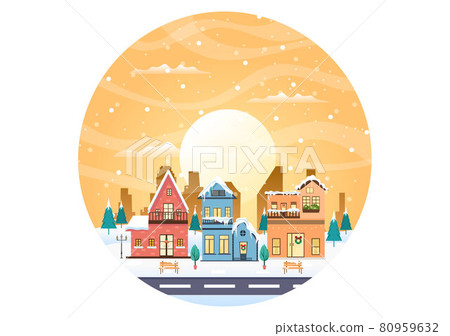 Winter Landscape With House Background, Panorama Snowfall, Town, Trees Or Mountain Silhouette. Christmas and Happy New Year Vector Illustration Winter Landscape With House Background, Panorama Snowfall, Town, Trees Or Mountain Silhouette. Christmas and Happy New Year Vector Illustration 80959632