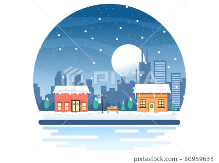 Winter Landscape With House Background, Panorama Snowfall, Town, Trees Or Mountain Silhouette. Christmas and Happy New Year Vector Illustration Winter Landscape With House Background, Panorama Snowfall, Town, Trees Or Mountain Silhouette. Christmas and Happy New Year Vector Illustration 80959633