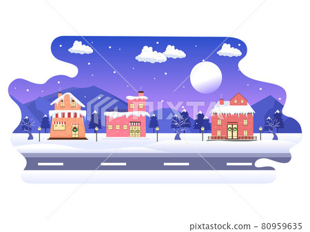 Winter Landscape With House Background, Panorama Snowfall, Town, Trees Or Mountain Silhouette. Christmas and Happy New Year Vector Illustration Winter Landscape With House Background, Panorama Snowfall, Town, Trees Or Mountain Silhouette. Christmas and Happy New Year Vector Illustration 80959635
