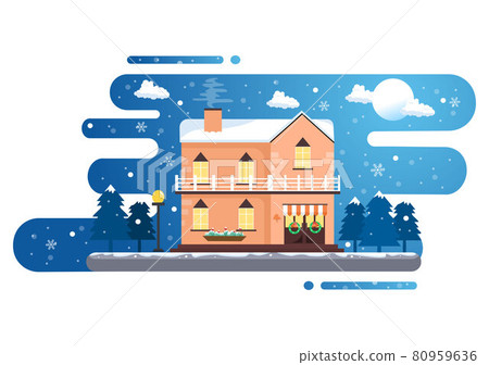 Winter Landscape With House Background, Panorama Snowfall, Town, Trees Or Mountain Silhouette. Christmas and Happy New Year Vector Illustration Winter Landscape With House Background, Panorama Snowfall, Town, Trees Or Mountain Silhouette. Christmas and Happy New Year Vector Illustration 80959636