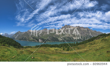 Landscape of the Engadine valley on the Swiss alps Landscape of the Engadine valley on the Swiss alps 80960944