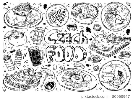 Hand drawn vector illustration. Doodle Czech food: roast duck, beer, trdelnik, sirloin in cream, goulash, kulajda, cream soup, tartare, tomato sauce, cakes, deserts 80960947