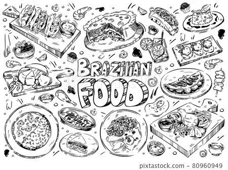 Hand drawn vector illustration. Doodle Brazilian food: barbecued meat, chocolate truffle, snacks, vinagrette salsa, rise, fish stew, chicken pie, caipirinha 80960949