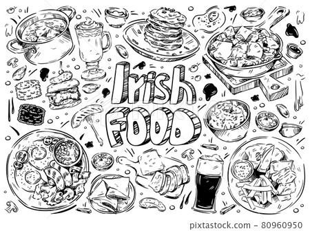 Hand drawn vector illustration. Doodle Irish food: colcannon, potatoes, boxty, dexter beef, grill meat, wurst, beer, coffee, bacon, bread 80960950
