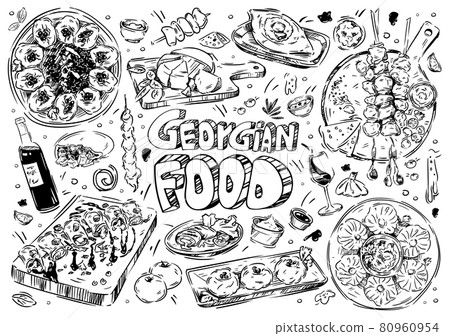 Hand drawn vector illustration. Doodle Georgian food: khachapuri adjaruli, churchkhela, khinkali, mtsvadi, pkhali, saperavi, wine, garnet, walnut paste, sulguni, kubdari Hand drawn vector illustration. Doodle Georgian food: khachapuri adjaruli, churchkhela, khinkali, mtsvadi, pkhali, saperavi, wine, garnet, walnut paste, sulguni, kubdari 80960954