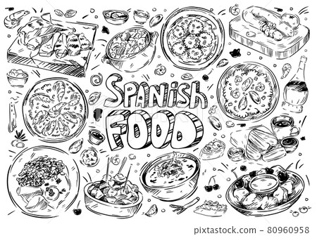 Hand drawn vector illustration. Doodle Spanish food: gazpacho, fabada, paella, patatas bravas, chorizo, leche frita, churros, wine, tapas, garlic prawns, allioli, albondigas 80960958