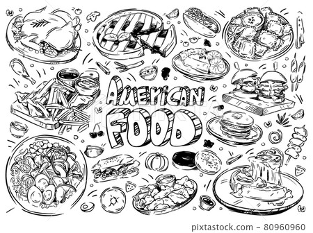 Hand drawn vector illustration. Doodle American food: hot-dog, burger, french fries, tomato, turkey, dumplings, cobb, donuts, pie 80960960