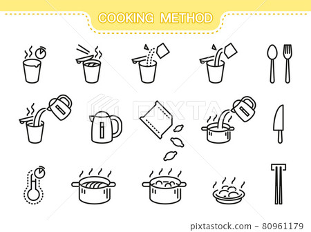 Food vector icon set. Cooking method line collection: cooking noodles, cooking dumplings, mug, saucepan, boiling water, kettle, temperature, cutlery, spoon, fork, chopsticks, knife, adding ingredients 80961179