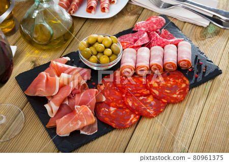 Assorted different types of spanish sausages Assorted different types of spanish sausages 80961375