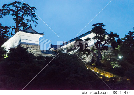 "Odawara Castle at dusk" Around 6:40 pm With the start of night lighting, a white-walled castle tower and a heavy Tokiwa gate emerged. "Odawara Castle at dusk" Around 6:40 pm With the start of night lighting, a white-walled castle tower and a heavy Tokiwa gate emerged. 80961454