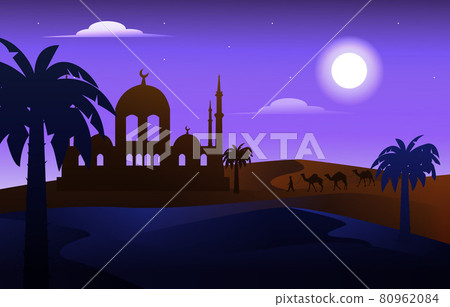 Night Arabic Desert Camel Caravan Muslim Islamic Culture Illustration 80962084