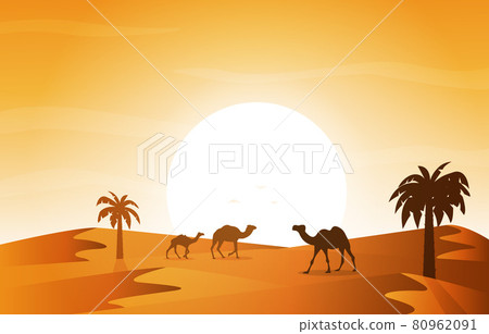 Sunset Arabic Desert Camel Caravan Muslim Islamic Culture Illustration 80962091