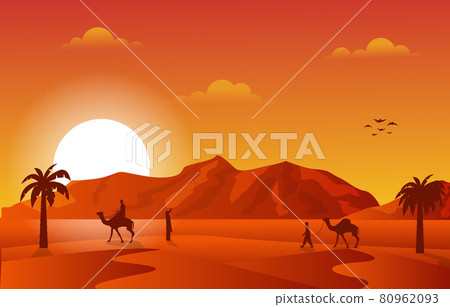 Sunset Arabic Desert Camel Caravan Muslim Islamic Culture Illustration 80962093