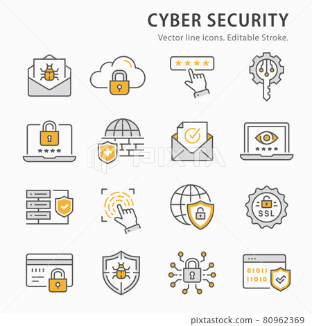 Cyber security icon set. Collection of antivirus firewall, verification, digital key and more. Vector illustration. Editable Stroke. 80962369