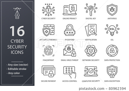 Cyber security line icons set. Black vector illustration. Editable stroke. 80962394