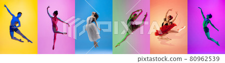 Dance of feelings. Amazing performance of one flexible male, female ballet dancer practicing isolated on color background. Concept of art, beauty, aspiration, creativity. 80962539