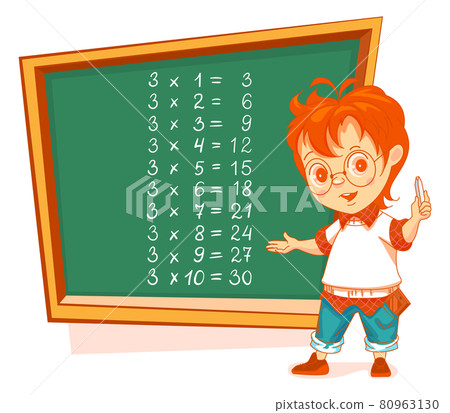 Boy student write multiplication table 3 on chalkboard. Math lesson education 80963130