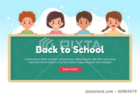 Back to school concept, children with a blackboard, cute characters. Vector illustration banner template in flat style 80964079