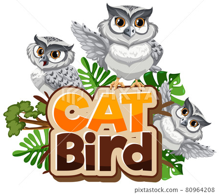 Many white owls cartoon character with Cat Bird font banner isolated Many white owls cartoon character with Cat Bird font banner isolated 80964208
