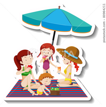 Children picnic at the beach cartoon sticker Children picnic at the beach cartoon sticker 80964211