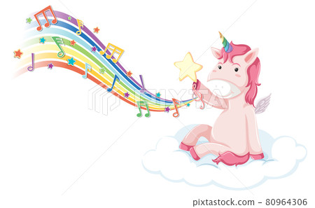 Pink unicorn sitting on the cloud with melody symbols on rainbow 80964306