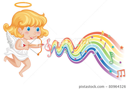 Cupid girl with melody symbols on rainbow wave Cupid girl with melody symbols on rainbow wave 80964326