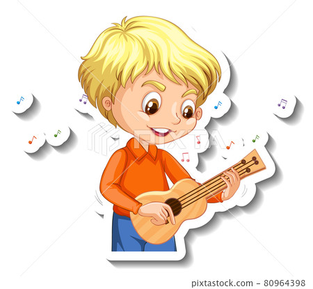 Sticker design with a boy playing ukulele Sticker design with a boy playing ukulele 80964398