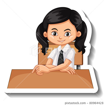 Student girl sit at desk cartoon sticker 80964428