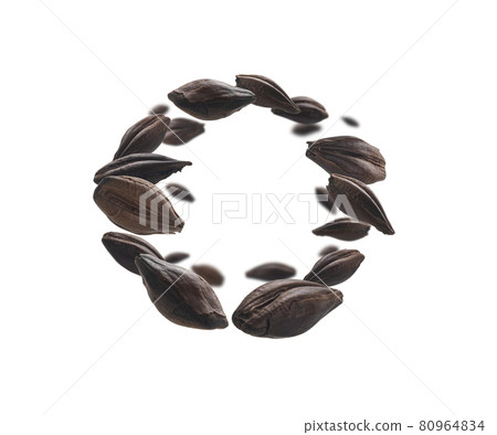 Roasted rye malt grains levitate on a white background Roasted rye malt grains levitate on a white background 80964834
