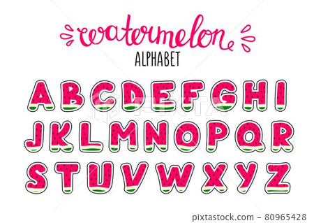 Watermelon English alphabet on a white background set. National Watermelon Day. Use for a postcard, background, application on a fabric or souvenir products. Watermelon English alphabet on a white background set. National Watermelon Day. Use for a postcard, background, application on a fabric or souvenir products. 80965428