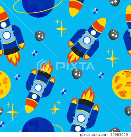 Rocket pattern with a planet stars and asteroids on a blue background. A spaceship. For use in printing on fabric postcards, posters. Vector illustration Rocket pattern with a planet stars and asteroids on a blue background. A spaceship. For use in printing on fabric postcards, posters. Vector illustration 80965429