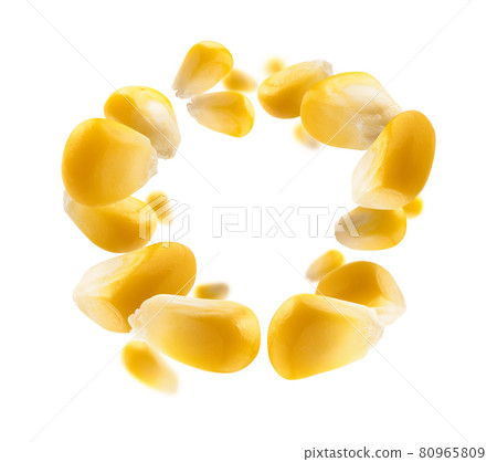 Ripe corn grains levitate on a white background 80965809