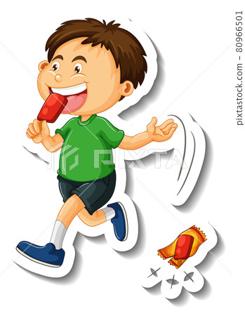 Sticker template with a boy throw littering on the floor cartoon character isolated Sticker template with a boy throw littering on the floor cartoon character isolated 80966501