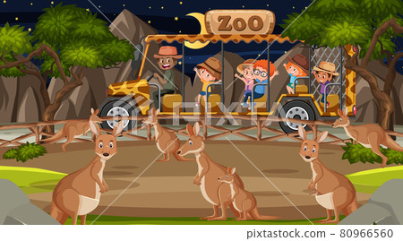 Safari at night scene with many kids watching kangaroo group 80966560