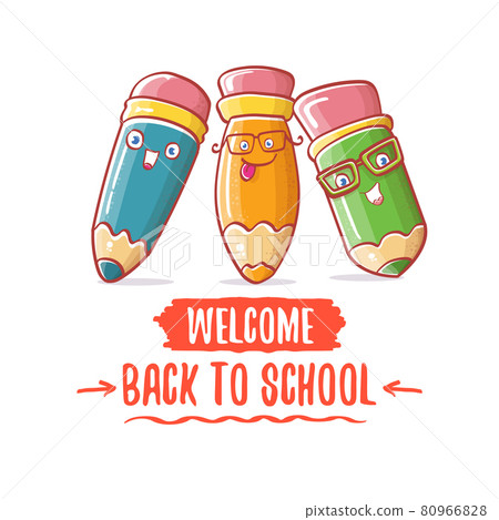 Back to school banner or poster with cartoon funky pencil and hand drawn doodle text label isolated on white backdrop. Vector back to school background with cartoon school supplies Back to school banner or poster with cartoon funky pencil and hand drawn doodle text label isolated on white backdrop. Vector back to school background with cartoon school supplies 80966828