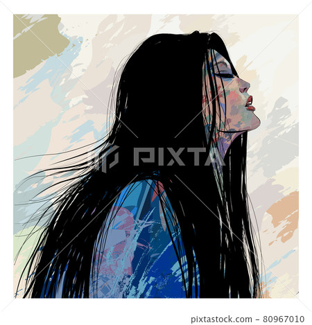 Beautiful young sexy woman with long hair over grunge background 80967010