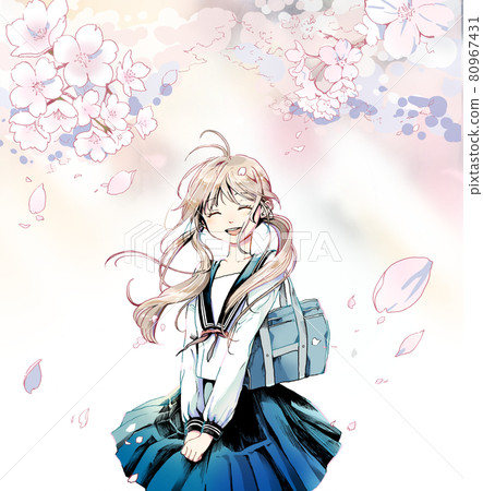 Monochrome illustration of cherry blossoms and female students Color version with background No signboard 80967431