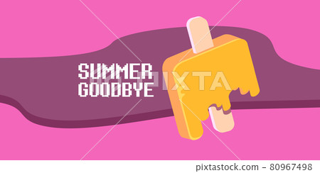 vector goodbye summer vintage concept horizontal illustration with orange melt ice creamon on pink background. End of summer horizontal background or banner 80967498