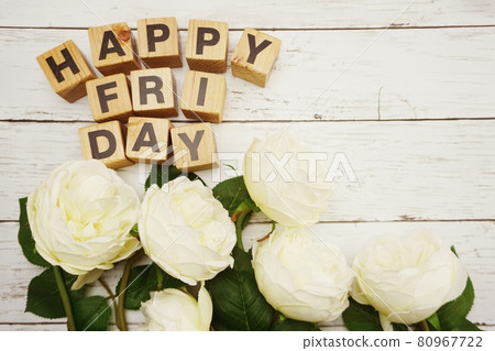 happy friday alphabet letters with peony flower on wooden background 80967722