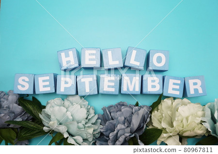 hello september alphabet letters with flower bouquet on blue background hello september alphabet letters with flower bouquet on blue background 80967811
