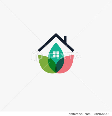 Garden house logo template design farming logotype, chalet abstract icon, petal or leaves house, eco house, vegetarian kindergarten logotype 80968848