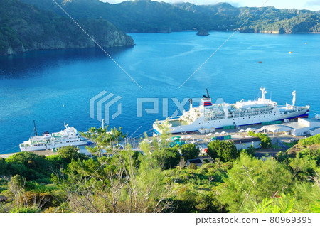 The Ogasawara Maru (front) and the Hajima Maru (back) anchored at Futami Port on Chichijima Island / Ogasawara Islands 80969395