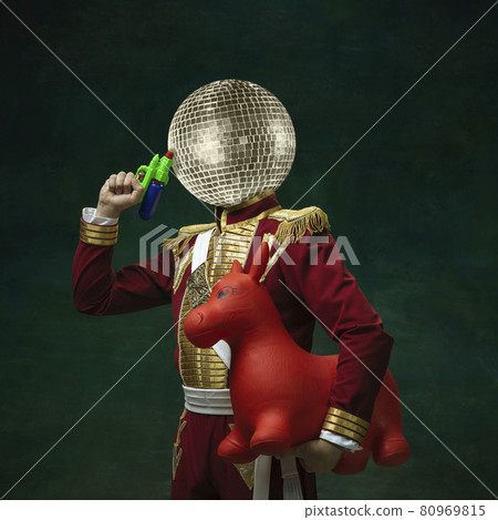 Contemporary art collage. Male model like medieval royalty person in vintage clothing. Concept of comparison of eras, artwork. Creative collage. Surrealism 80969815